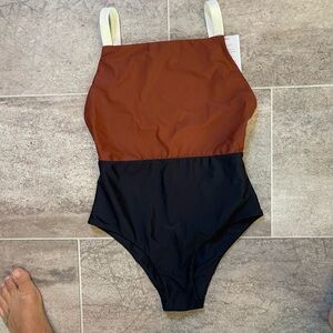 Two-Tone Brown and Black One Piece Swimsuit